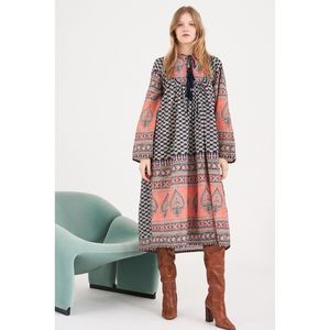Antik‎ Batik Madou Printed Midi Dress Quilted Block Print Cotton Kaftan Small 38